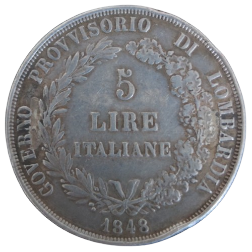 5 lire 1848 république provisoire de lombardie - italie - milan