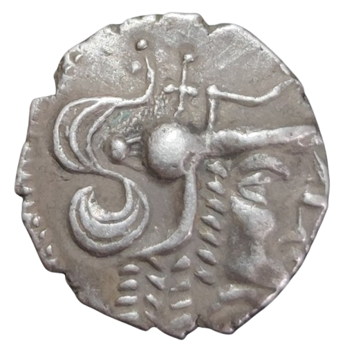 denier à la tête casquée à droite, à la roue perlée 80-50 av j-c aulerques cenomans